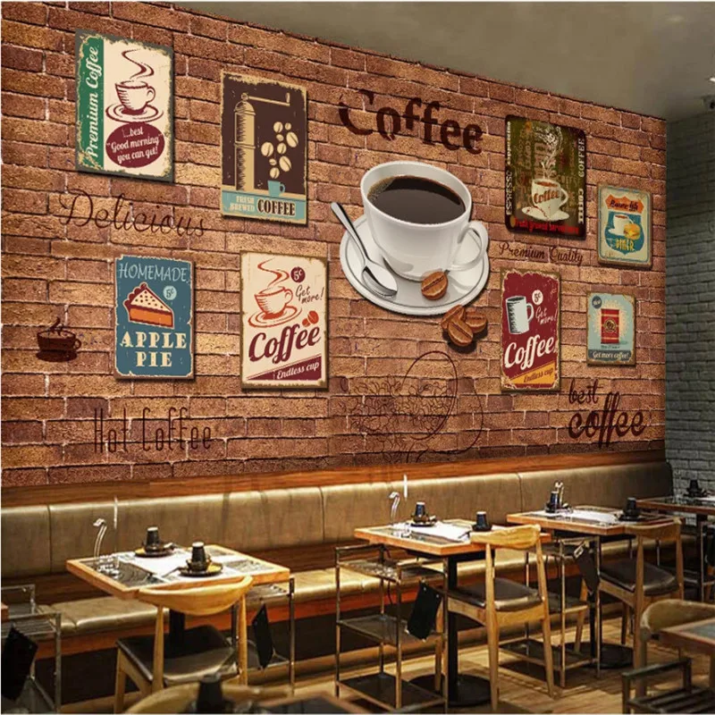 Europe and America Retro Nostalgia Coffee Icons Red Brick Wallpaper Cafe Restaurant Coffee House Industrial Decor Wall Paper 3D