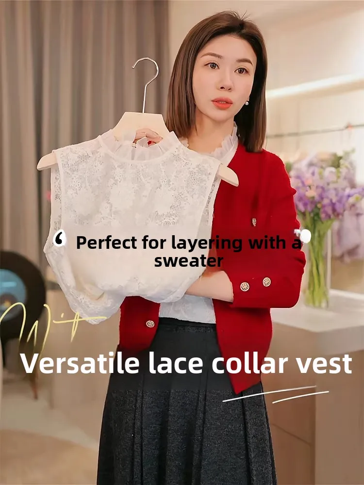Lace Trim Collar Sleeveless Vest Women's Inner Wear Matching Open Cardigan Layering Sweater New Chinese Style Base Shirt