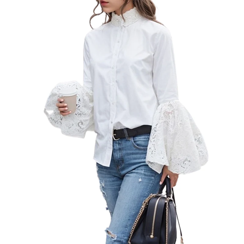 

Uoozee Female Korean Fashion Lace Solid Color Blouses Loose Long Puff Sleeve High Neck Casual Office Shirts Tops 2024 New Spring