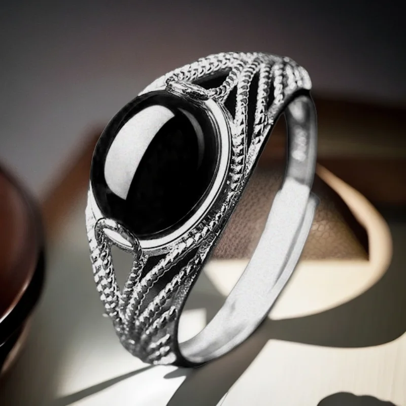 

High End Luxury Jewelry Ring Natural Oval Big Black Agate Stone Vintage Ring for Women Party Gifts