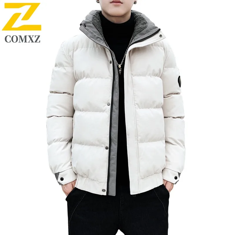 Winter Cotton Jacket Men's Casual Retro Large Fur Collar Padded Warm Loose Parkas Women Solid Color Zipper Windproof Hooded Coat