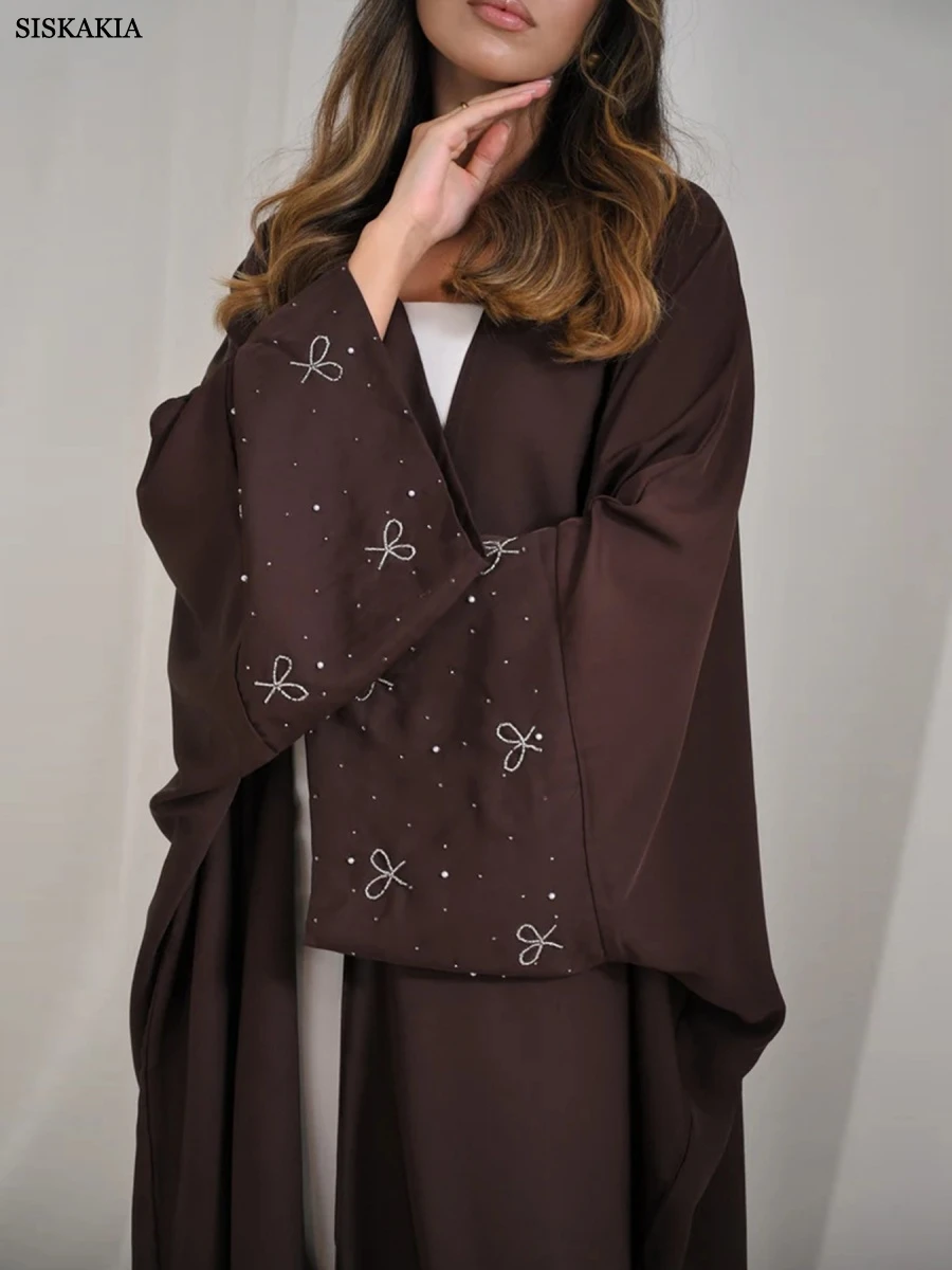 Siskakia Dubai Elegant Dolman Sleeve Open Abaya Loose Beaded Kaftan Muslim Women Clothing 2025