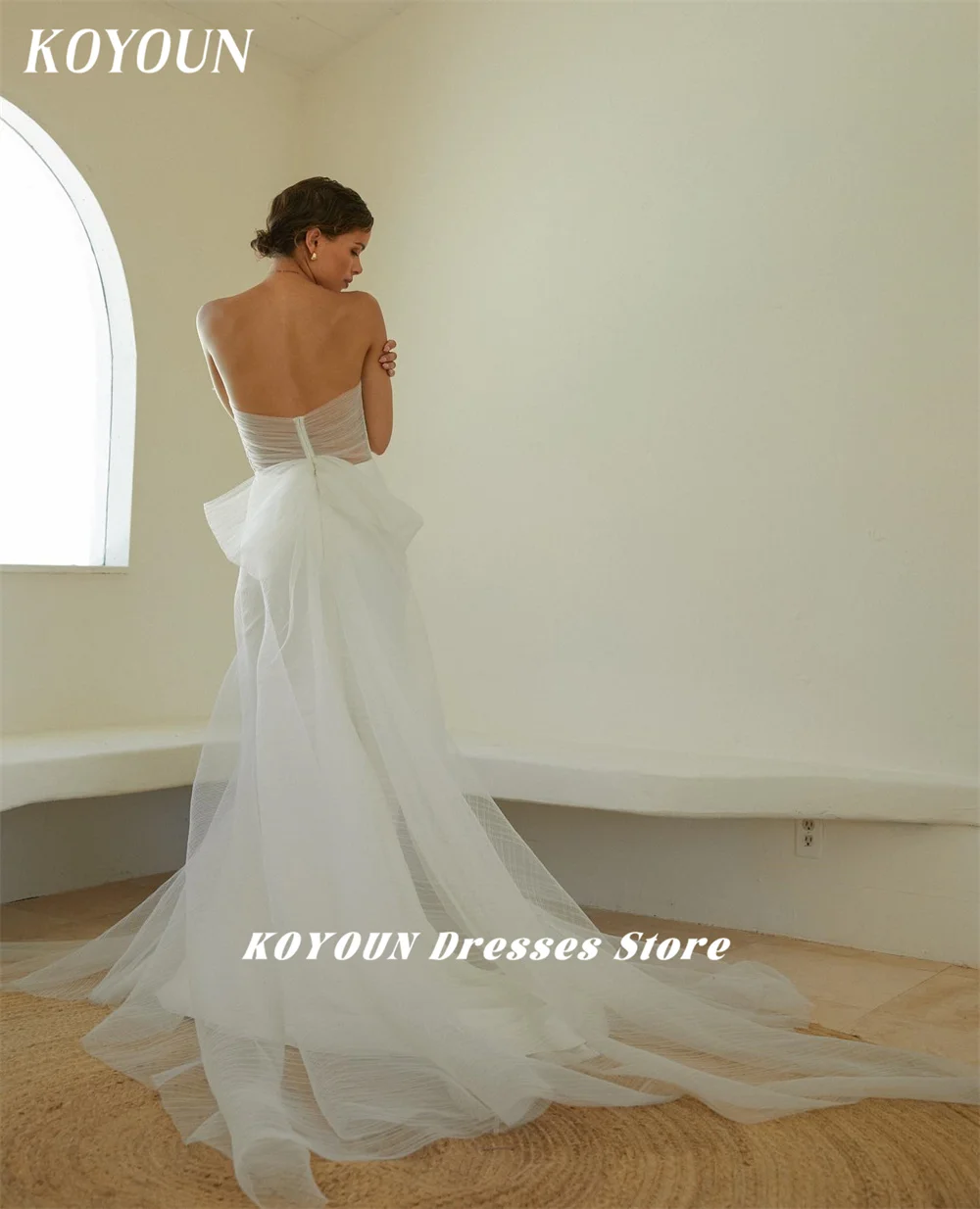 KOYOUN Straps Sexy Wedding Dresses for Women with Back Bow Overskirt Mermaid Bridal Gowns