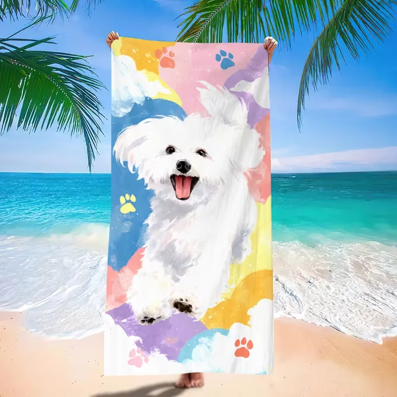 Hand Drawn Cute Dog Beach Towel Made of Ultra Soft Fast Drying Durable Comfortable and Bright Summer Activities, Bathroom Towel