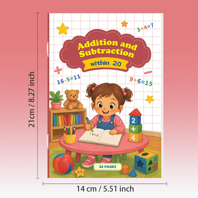 A Math Addition and Subtraction Exercise Book Within 20, 32 Pages English Arithmetic Problems, Math Operation Enlightenment Book