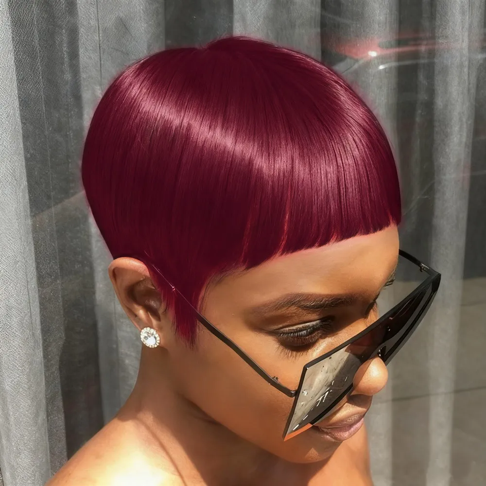 

short straight human hair wig machine made pixie wig black brown color for women daily party use wig pixie cut wig