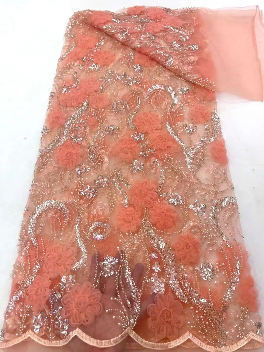 

Peach Latest African Groom Lace Fabric 2023 With Sequins High Quality Embroidery For Women Wedding Party Dress 5 Yards Sewing