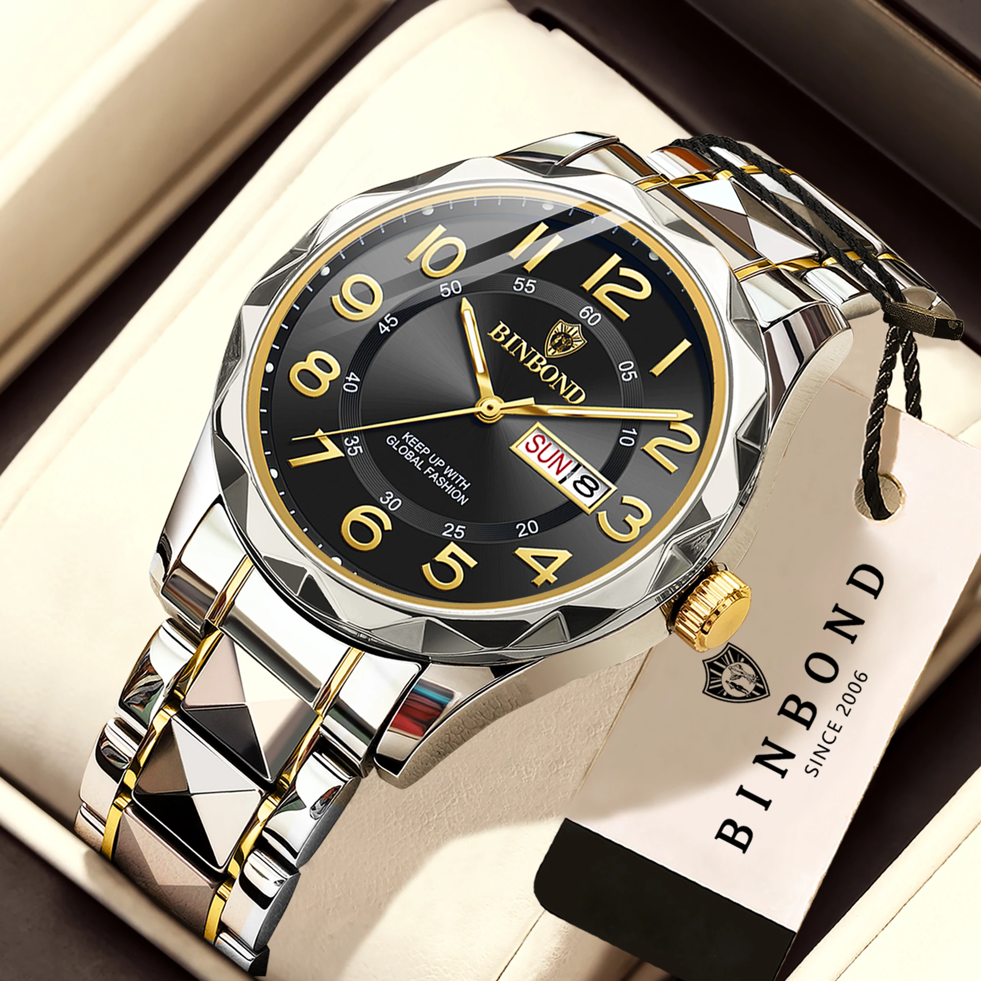 BINBOND Luminous Waterproof Quartz Watches For Men Luxury Precise Auto Date Week Display Men's Watch Casual Sturdy Reloj