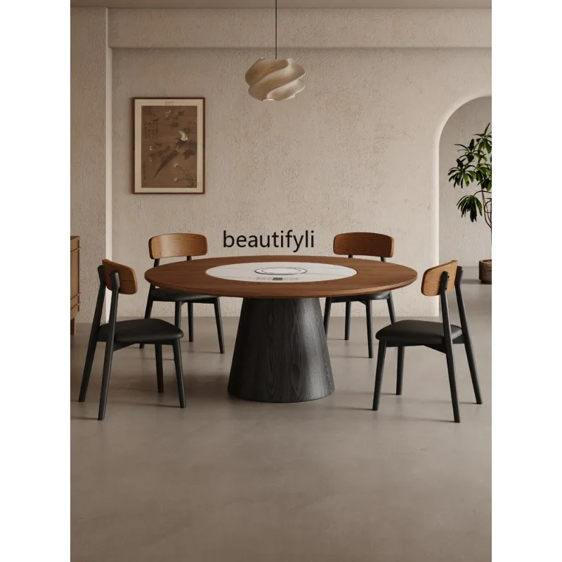 

Medieval style inlaid turntable round table dining table multi-functional solid wood dining table and chair combination