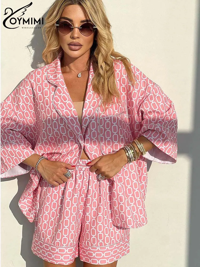 Oymimi Casual Pink Print Two Piece Set For Women Fashion Three Quarter Pockets Button Shirts And High Waist Shorts Female Sets