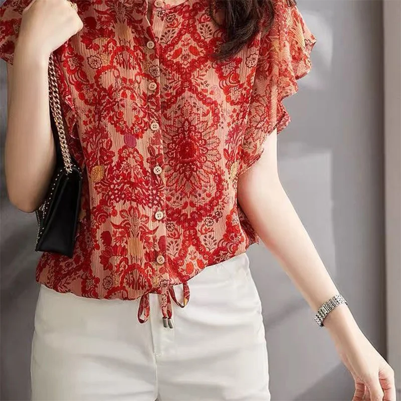 Patchwork Ruffles Chiffon Shirt for Women Summer 2023 Vintage Printing Short Sleeve Loose-fitting O-Neck Single Breasted Blouse