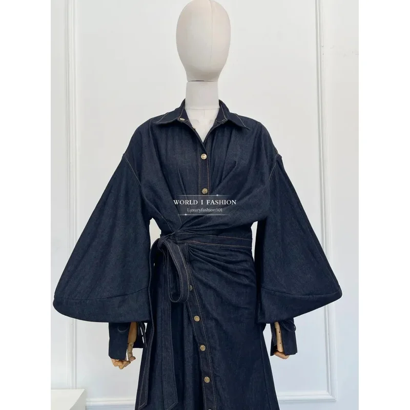 2025 Vestido midi vaquero de manga larga azul marino de nueva moda