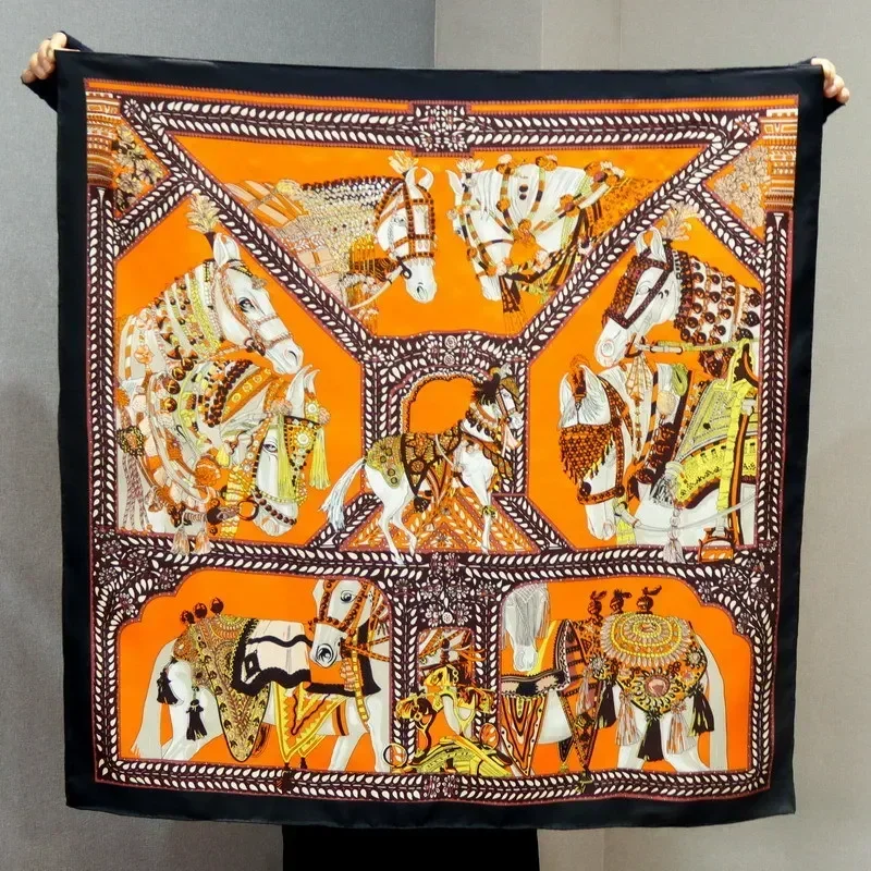 

High-end Elegant Women Exquisite The Knights of Marwari Print Quality 14MM Twill Silk Hand-rolled Edge Square scarf Shawl-1