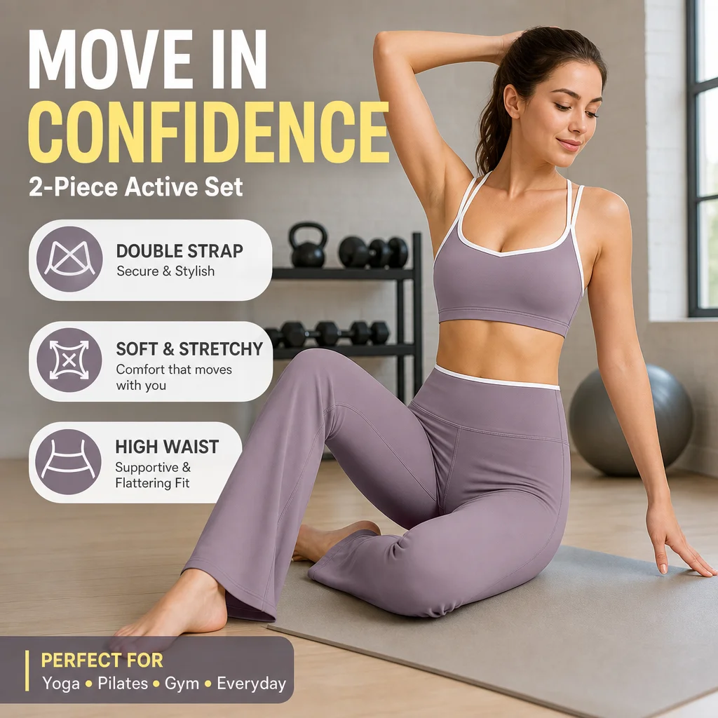 Women's 2-Piece Workout Set: Double Strap Sports Bra and Flare Leggings, White Trim Gym Yoga Suit