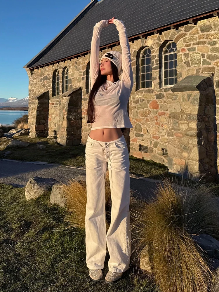 

Белые джинсы с высокой талией, расклешенные, удлиненные, для женщин, в американском стиле, прямые, с эффектом «ножевого» кроя, осенние, повседневные