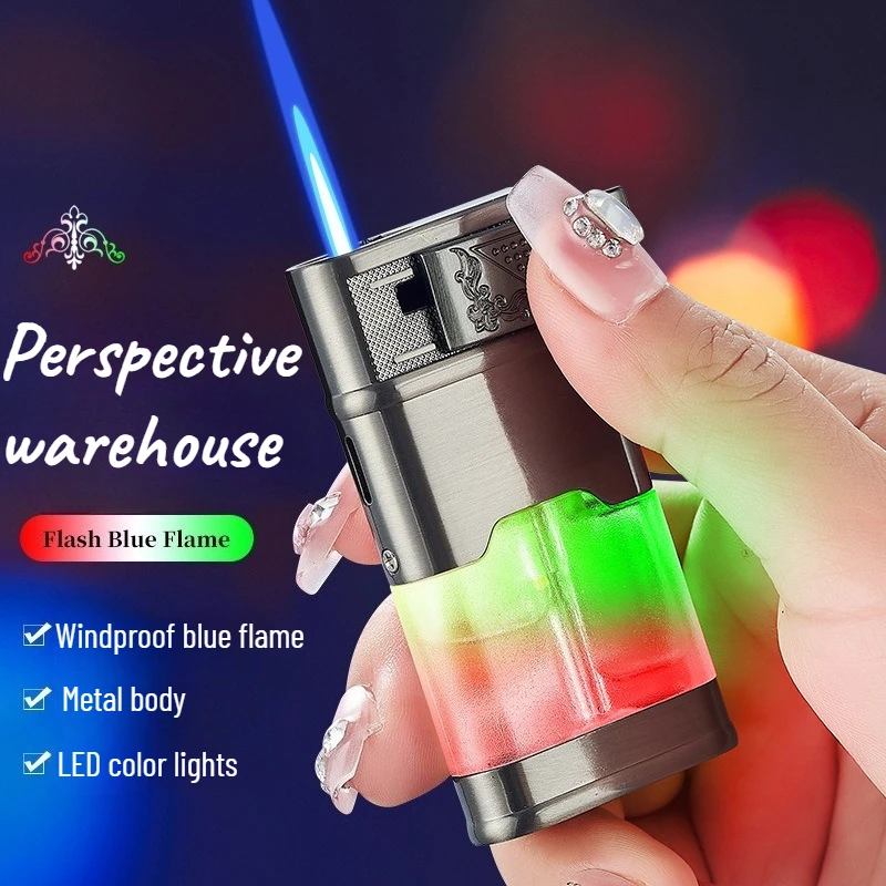 

Metal Retro Body Direct Rush Windproof Blue Flame LED Visible Transparent Air Chamber Inflatable Lighter Men's Cigarette Lighter