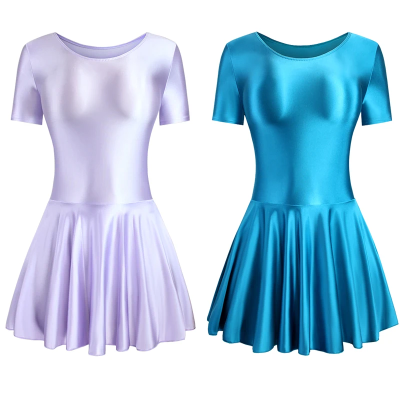 Satin silky dress sexy tight sports Yoga  Swimsuit ballet skirt short sleeve umbrella dress glossy skirt party dress leotard