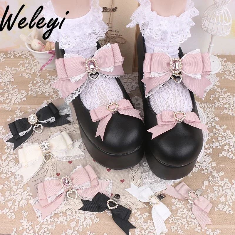 Sweet Mine Jewelry Bow Shoes Accessories for Women Cute Handmade Lace Rhinestone Shoe Clip Shoe Buckle Shoe Decoration Female