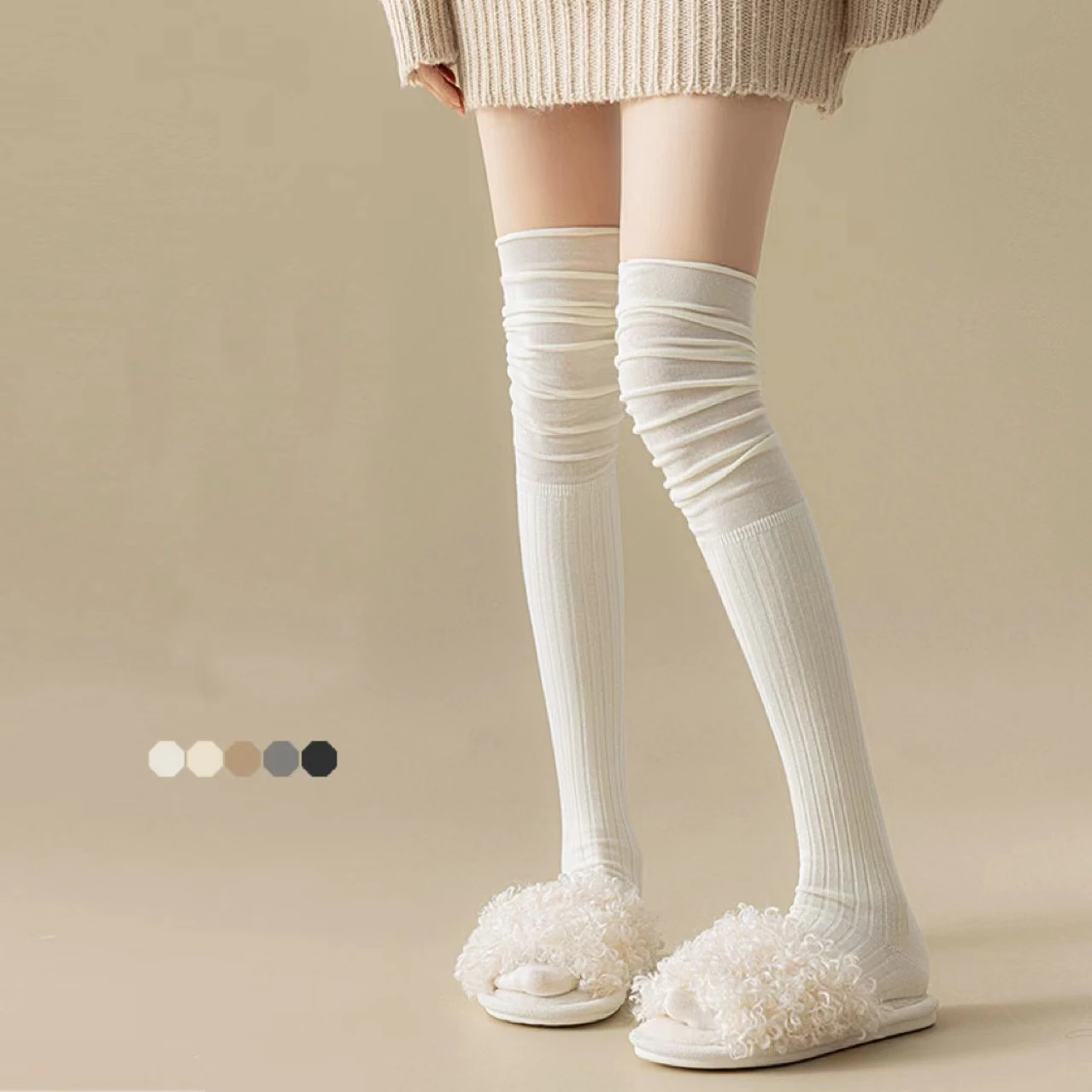 Women Autumn And Winter Thickened Cotton Knee Socks Pure Color Simple Women's Socks Vertical Stripes Warm Socks Stockings