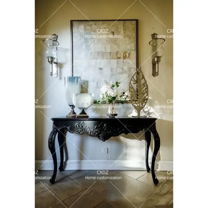 Classical Retro Country Style Full Solid Wood Carved Flower Entryway Furniture Porch Sofa Side Table Black