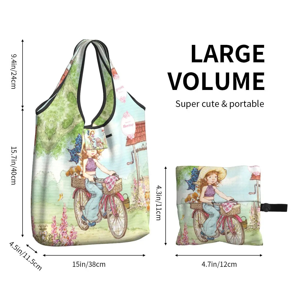 Cute Sarah Kay Girl Shopping Bags Reusable Washable Foldable Cartoon Country Life Grocery Bags 50lb Heavy Duty Light HandBags