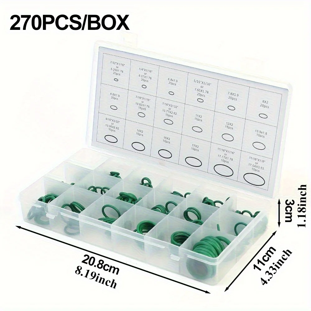 270pcs Green High-Quality Rubber O-Ring Kit - 18 Sizes Heavy-Duty Multi-Purpose Seals for Automotive, Plumbing, HVAC