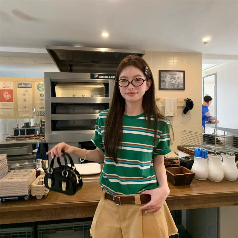Women Lady Spring Summer Retro Striped Short-Sleeve T-Shirt Girl Student Round Neck Base Shirt Slim-fit Casual Student T-Shirt