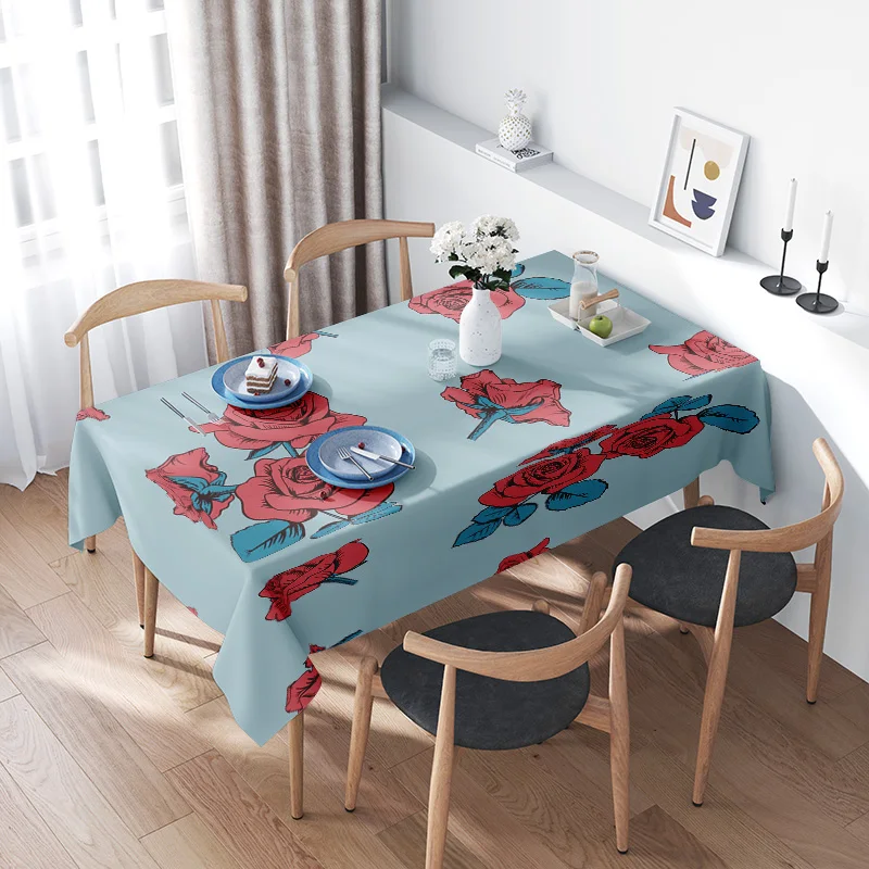 Mantel floral rústicoElegante estampado de rosas rojas y azules para mesas de comedor del hogar, decoración perfecta en la sala
