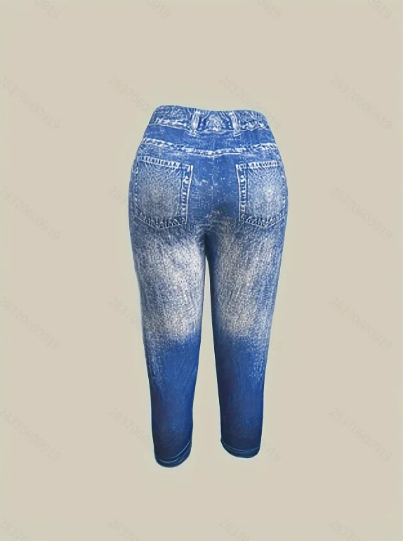 Women's Elegant Floral Print Faux Denim Leggings, Fashionable Cropped Pants