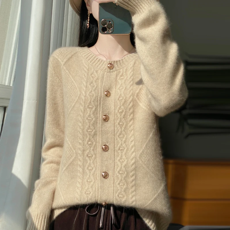 Cardigan décontracté en pure laine, manteau polyvalent, tout optique, automne, hiver, nouveau, 2024