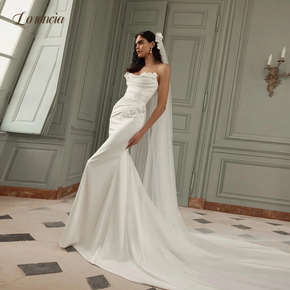 Lorencia Sweetheart Satin Mermaid Wedding Dresses Sleeveless 3D Flowers Fitted Bridal Gowns Customized Trumpet Bride Dresses