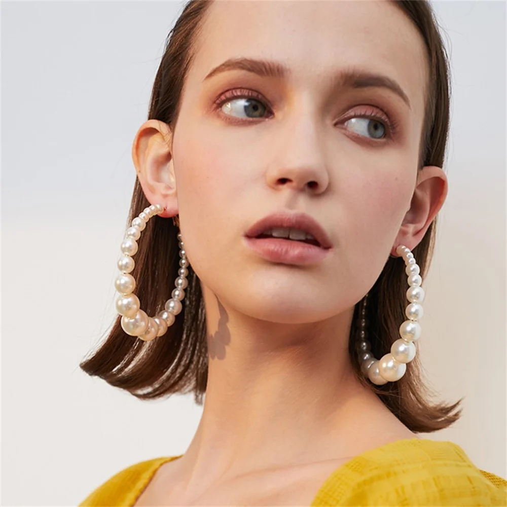 Vintage Statement Oversized Faux Pearl Large Hoop Earrings Jewelry For Women Fshion Temperament Exaggerated Wedding Accessories