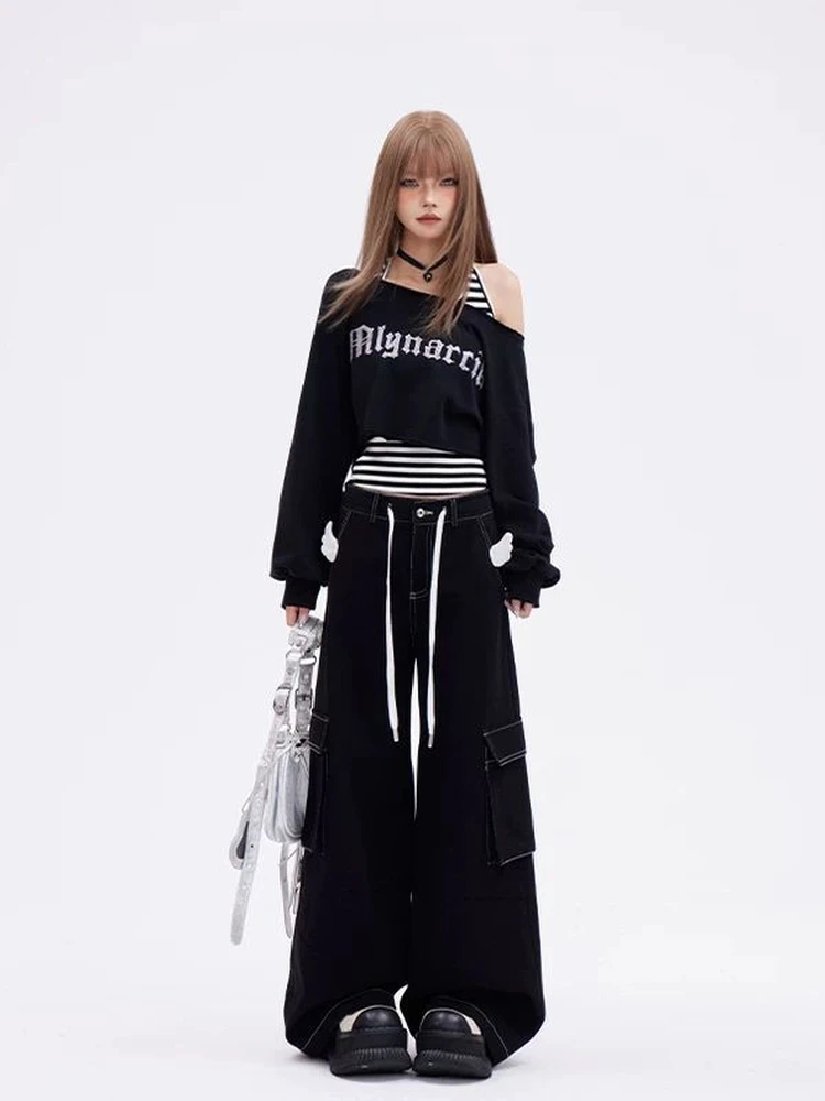 Spring Summer New Style Hot Girl Black Shoulder Bared Short Sweatshirt Set Striped Strap Vest Sports Long Sleeve Top Women's ...