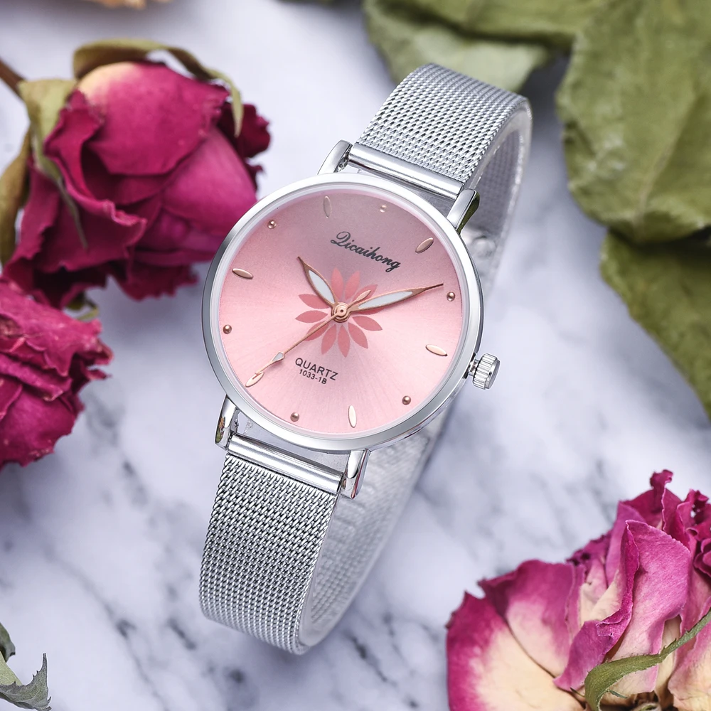 Orologi per le donne Luxury Silver Popular Pink Dial Flowers bracciale da donna in metallo orologio al quarzo orologio da polso da donna nuovo orologio