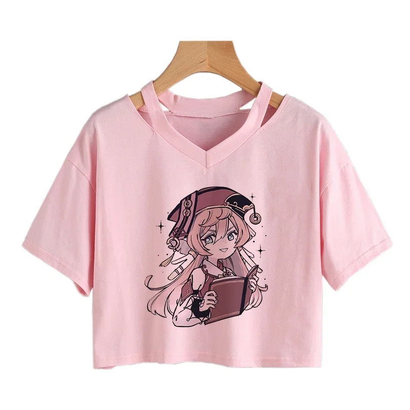 T-shirt graphique Genshin Impact pour femme, haut court, t-shirts Kawaii, dessin animé Hu Tao, drôle, Keqing, été, Y-Harajuku