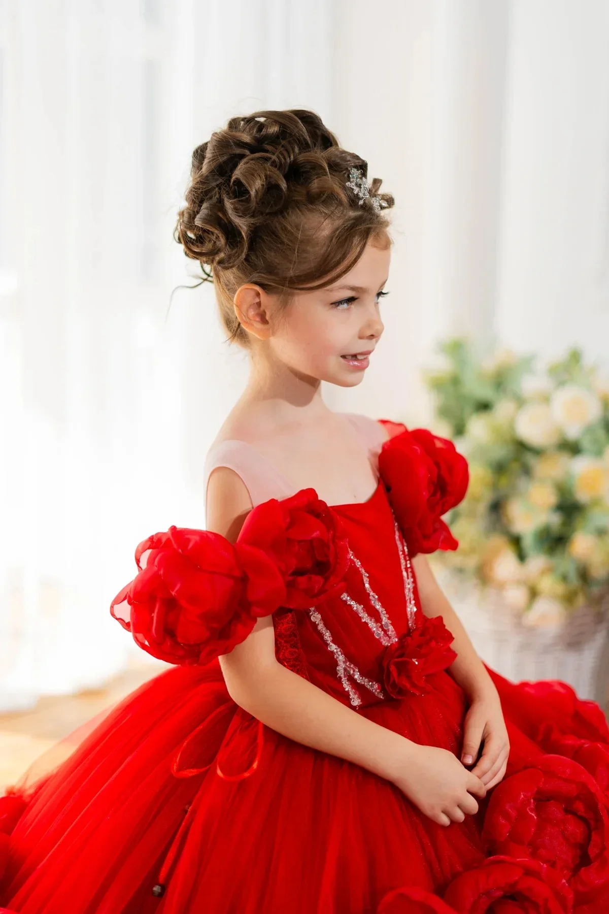 فستان فتاة الزهور من التول الأحمر مكشوف الأكتاف فستان فتاة الزهور أول عيد الميلاد لحفلات الزفاف الزي فساتين اطفال سيهرة بن