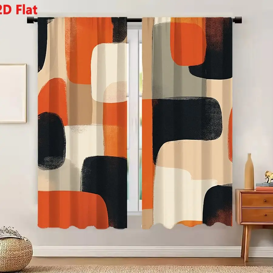 2Pcs Curtains 2D Flat Abstract Artwork Featuring Organic Shapes In Burnt Orange Beige And Gray Mid-Century Modern Composition Wi