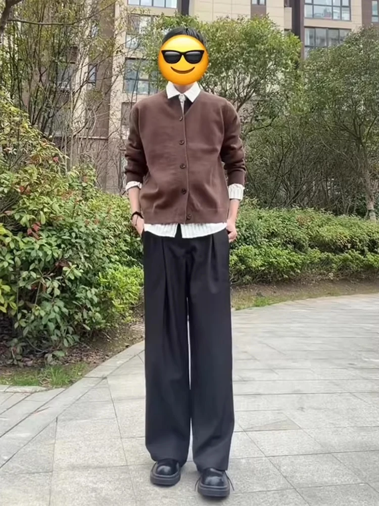 

Black Retro Pleated A-Line Men's Casual Pants Spring Straight Leg Long Lengthening CleanFit Drapey Cuffed Trousers