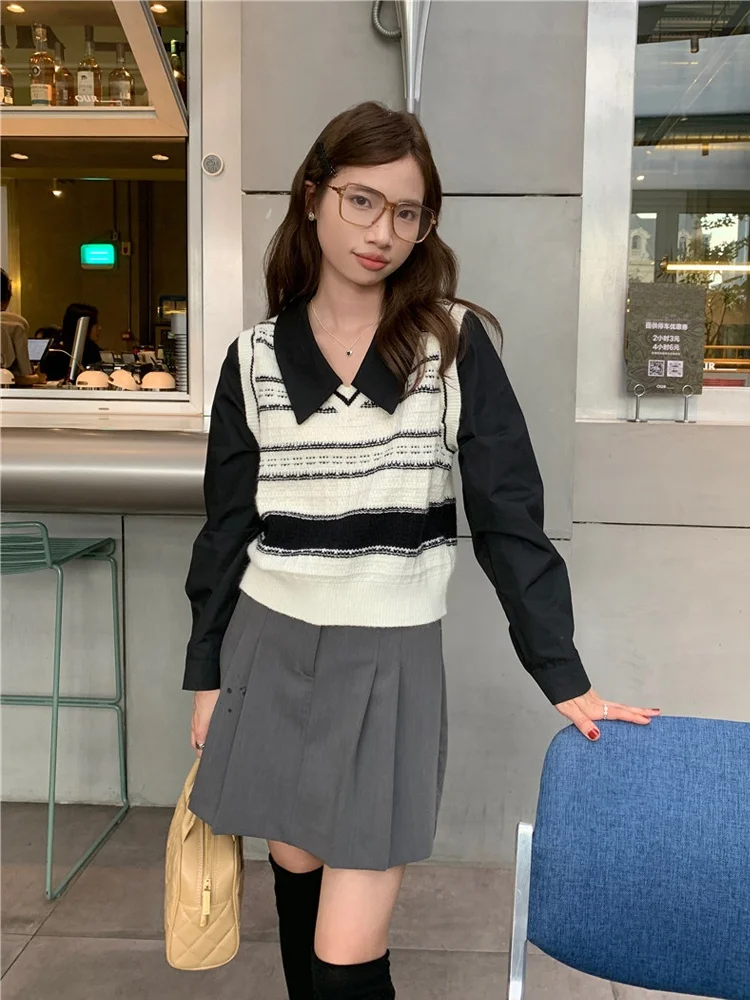 Coreano Sle empalme de punto ort irt V-Ne mujer Faion College Wind falso de dos piezas otoño nueva llegada diseño Retro