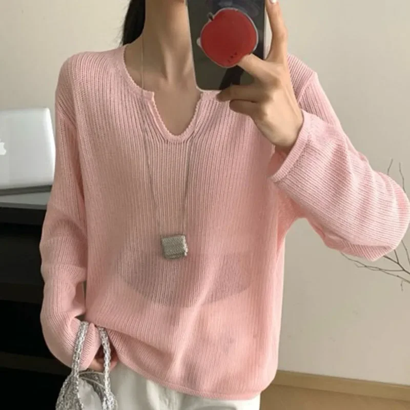 Pop Korean Style Hollow Out Long Sleeve Knitted Sweater For Women Spring Summer Fashion Thin Tops Sun Protected Pullover Female
