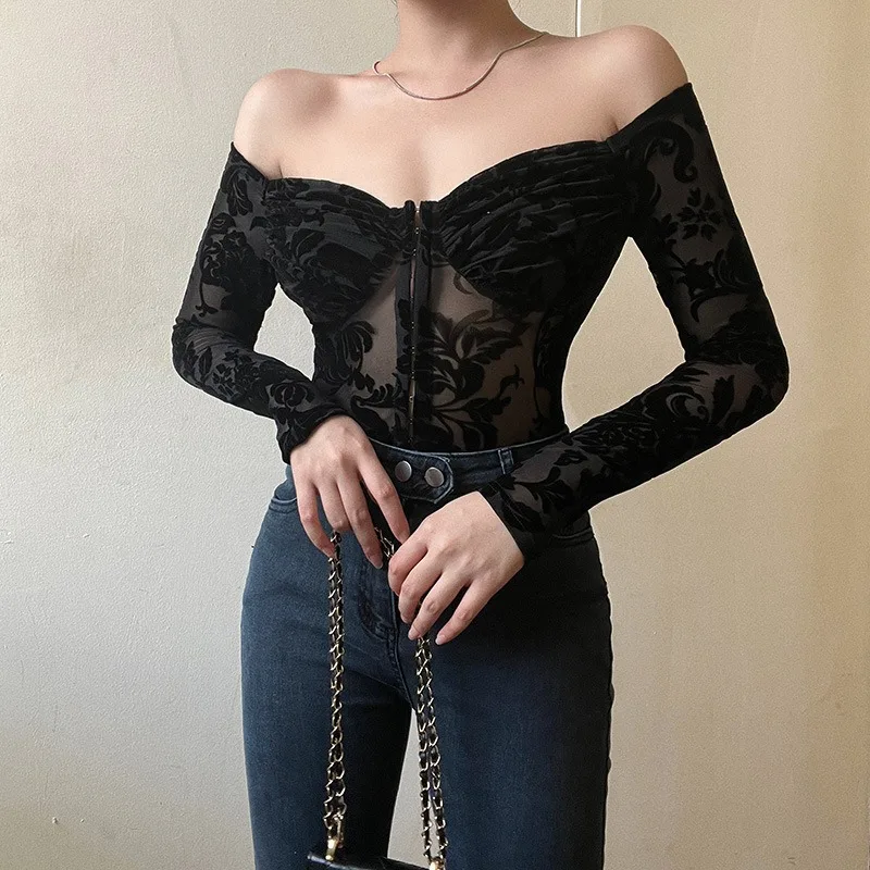 Jumpsuit wanita seksi, baju terusan pinggang tinggi wanita, trendsetter jalanan, Jumpsuit lengan panjang, bahu terbuka, Motif renda, baru, musim semi