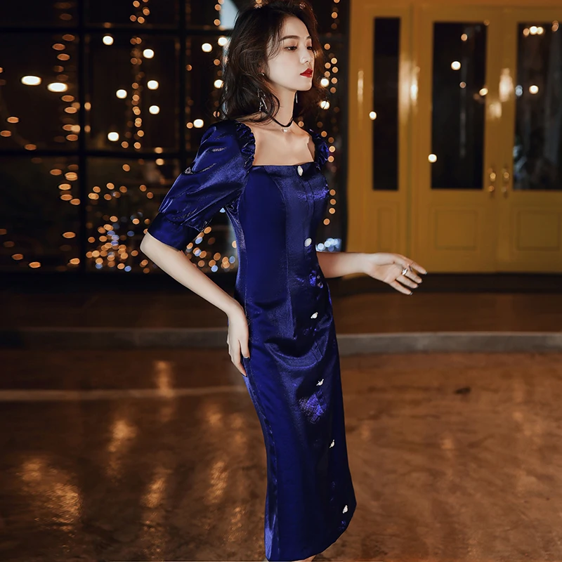 

Ele Royal Blue Midi Dr Evening Gown Women's Faionable Petite Dr Korean Sle Lantern Sve Zipper Closure Bodycon