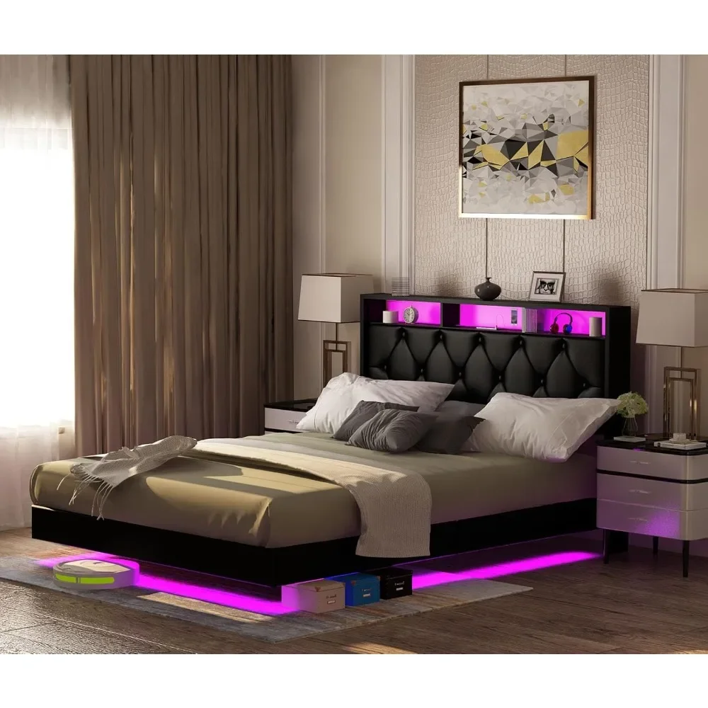 Queen Size Bed Frame with LED Lights, Charging Station, USB & Type C Port, Storage Headboard, PU Upholstered Floating Bed Frame