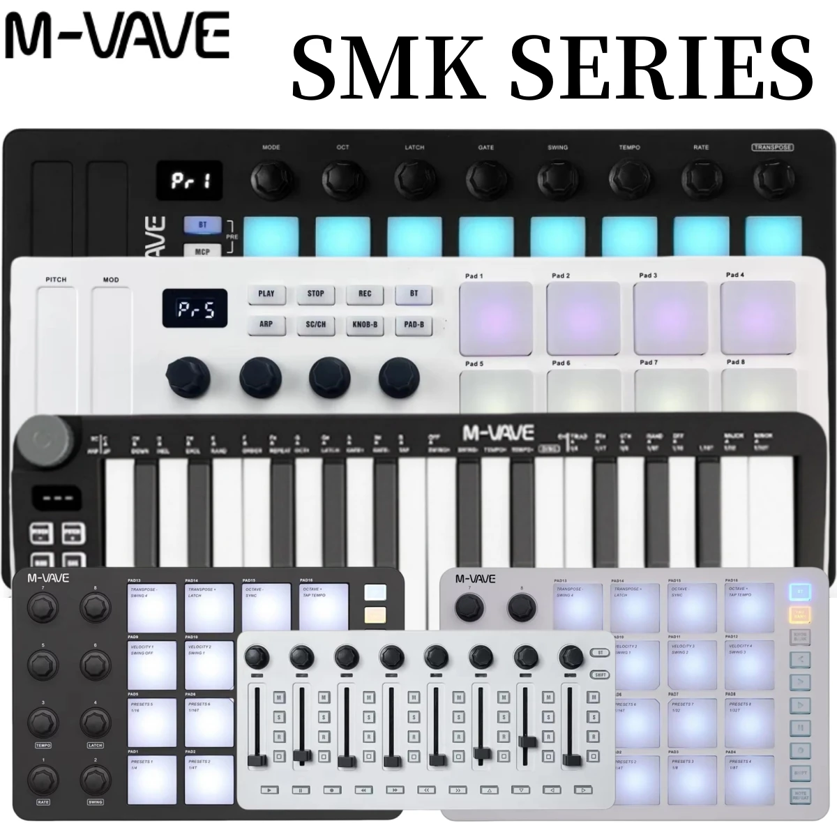 حزمة التحكم M-VAVE Pro MIDI: SMK-25 mini/SMK-37/SMK-25 II/SMC-PAD/SMC-Mixer |   25 مفتاح + وسادات 16RGB + 8 مقابض |   طقم داو لاسلكي/USB