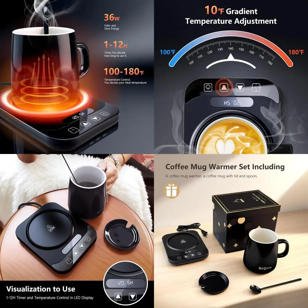

Coffee Mug Warmer Set for Gift: 36W Electric Smart Coffee Cup Warmer with 12 Mode Timer for Desk, Black 9 Mode Temperature Contr