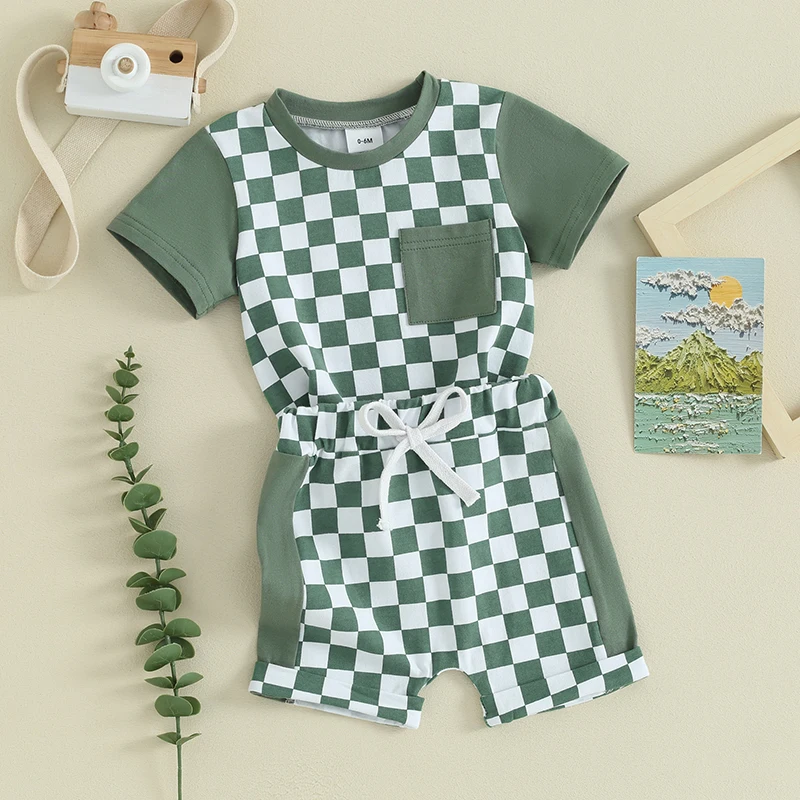 

Toddler Infant Baby Boy Contrast Color Block Short Sleeve T-Shirt Checkered Plaid Shorts Set 2Pcs Summer Clothes