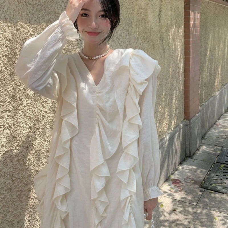 French Style Dresses Women Elegant Ladies Clothing Ruffles Spring Solid Mid-calf Loose Simple Fashion V-neck Long Sleeve Chic