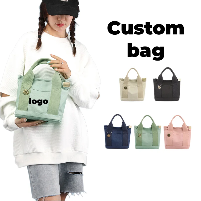 Portable Canvas Bento Bag Custom Logo Name Mini Tote Bag Simple Lunch Box Bag Mommy Handbag Multi-purpose Gift Storage Mini Bags