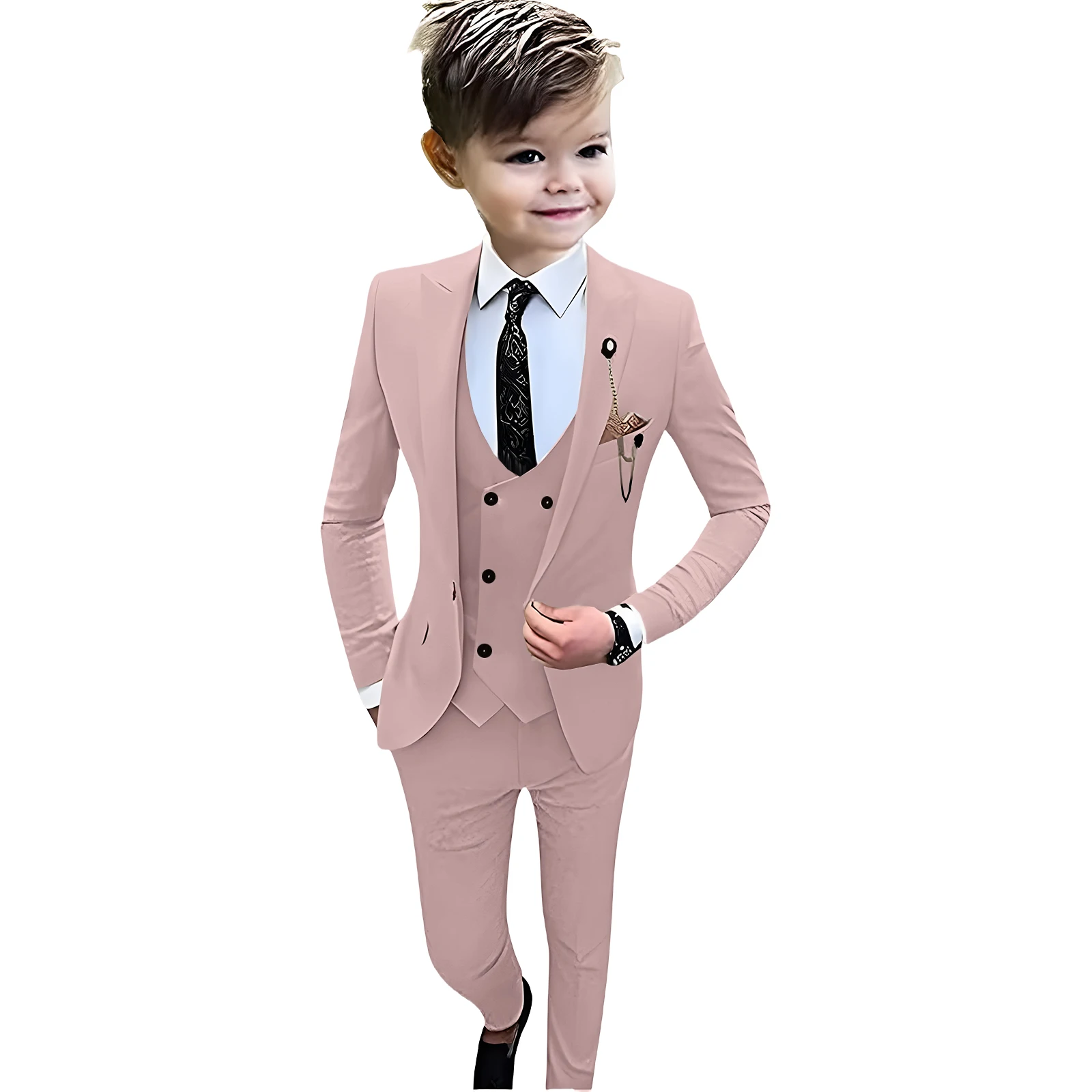 24h Ship Beige 4 Pcs Kids Suit Set Classic Single Button Boy\'s Tuxedo Blazer Vest Pants Birthday Wedding Party Suits For Child