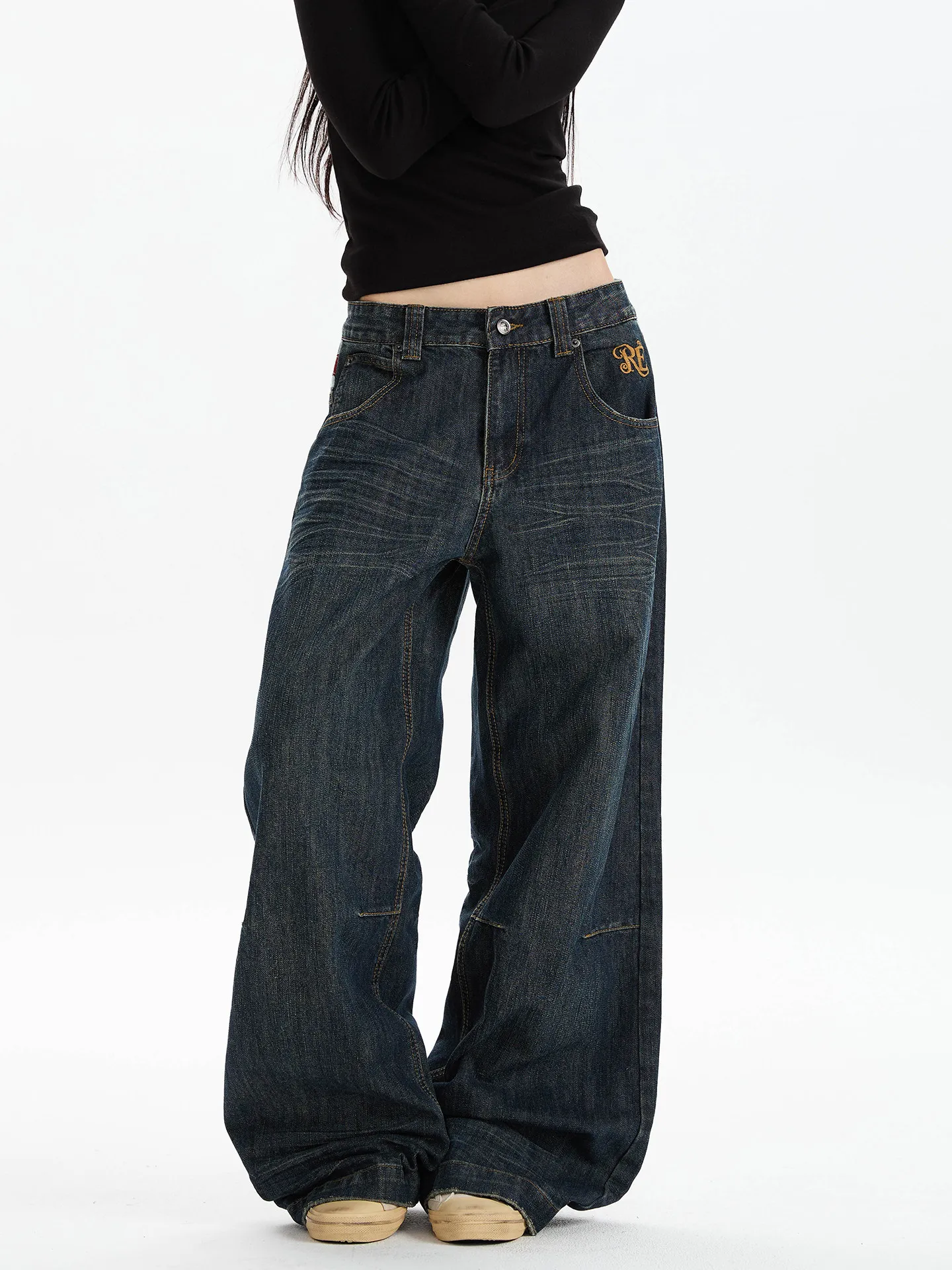 American High Street Back Waist Patchwork Flag Pocket Embroidered Jeans Men's Retro Loose Casual Washed Long Pants